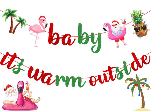 Rismise Christmas in July Decorations Banner Red Green Glitter Baby Its Warm Outside Banner Hawaii Mele Kalikimaka July Christmas Party Banner Garland Summer Tropical Xmas Banner Backdrop Decorations
