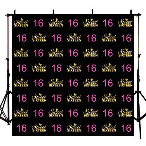 MEHOFOTO Sweet 16 Photo Background Happy Birthday Party Banner Black Backdrops Props for Photography 8x8ft