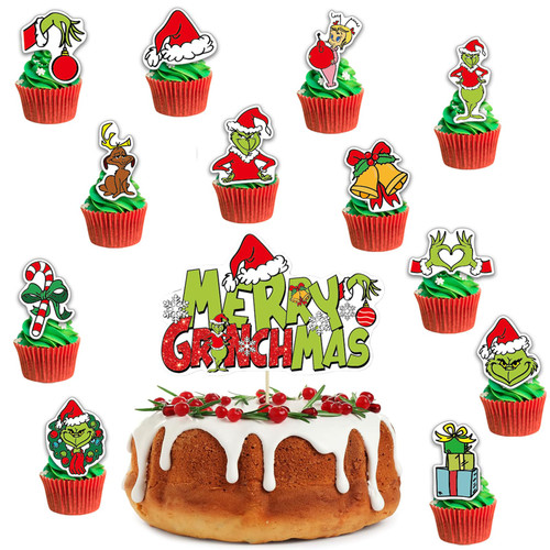 Merry Birthday Cake Topper Christmas Cake Decorations 1 Pc Green Monster Cake Topper & 12Pcs Green Monster Cupcake Toppers Birthday Party Xmas Green Monster Party Decorations Supplies