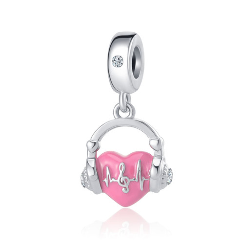 QeenseKc Pink Enamel Music Note Charm Hear Heartbeat Headset Bead for European Bracelet