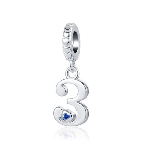 QeenseKc Lucky Number 3 Charm Initial Heart CZ Dangle Bead Graduation Gift for Pandora Charm Bracelet