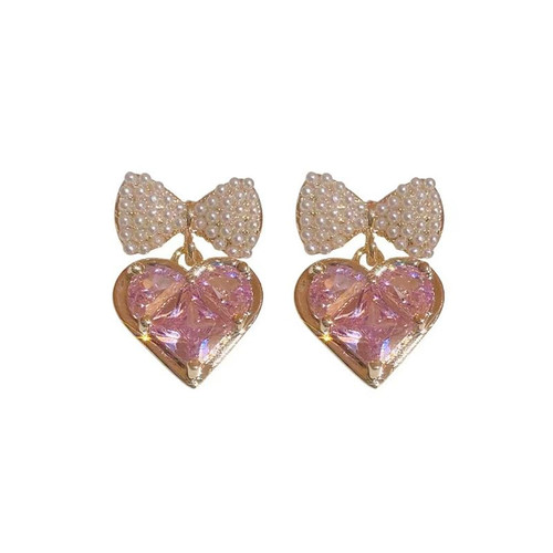 Pink Heart Earrings for Women Rhinestone Heart Earrings Butterfly Bow Stud Earrings Dangle Earrings Jewelry Gift (Bow)
