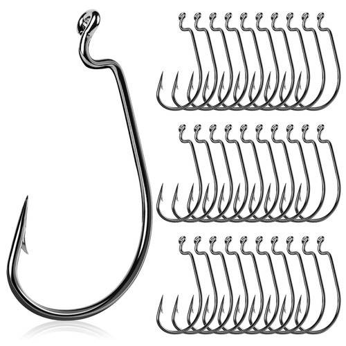 UCEC Fishing Hooks Offset Shank Worm Hooks Extra Wide Gap 2X Strong Carbon Steel Bait Jig for Bass Fishing Trout Catfish Saltwater Freshwater 5/0 30pcs/Box