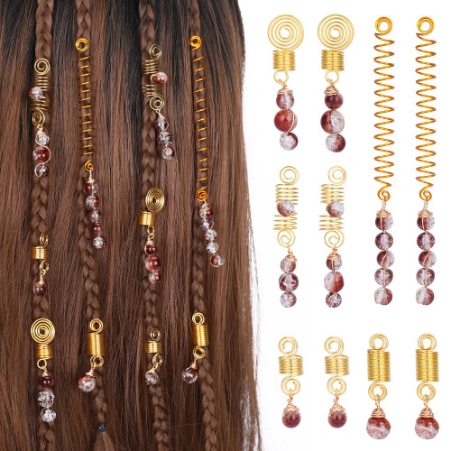 FRESHME Brown Crystal Hair Braid Cuffs - 10 Pcs Brown Beads Natural Stone Pendant Hair Charms Gold Loc Dreadlock Hair Spirals Rings for Women Hairstyle Accessories