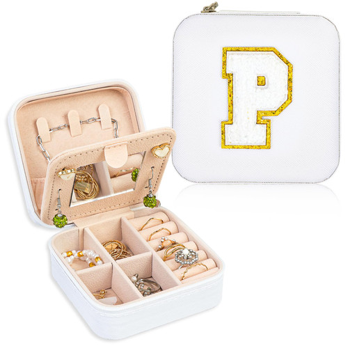 FUNARTY Travel Jewelry Case Organizer, Gifts for Women, Small Jewelry Box Jewelry Organizer, Necklace Organizer Earring Organizer Box with Mirror, White Travel Essentials Initial P