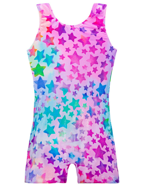 TENVDA Gymnastics Leotards for Girls 6-7 Years Old Sparkly Hot Pink Stars Print Tumbling Biketard with Shorts Unitard