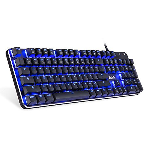 EagleTec KG050-BR Blue LED Backlit Mechanical Gaming Keyboard, Low Profile 104 Key USB Keyboard with Quiet Cherry Brown Switches for PC Gamer - (Black)
