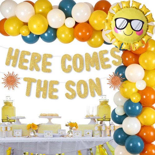 Here Comes The Son Baby Shower Decorations, Boho Sun Balloon Garland Arch Kit, Here Comes The Son Banner, Sun Balloon, Sunshine Baby Shower 1st Birthday Party Supplies for Boy