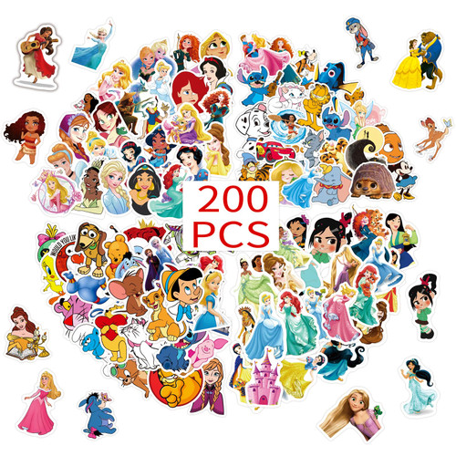 200 Pcs Kids Stickers Pack Princess Stickers Cute Disney Characters Stickers Cartoon Decal Decorative Sticker for Kids Teens Adults Waterproof Vinyl Stickers for Water Bottle Lapt (Cartoon Characters)
