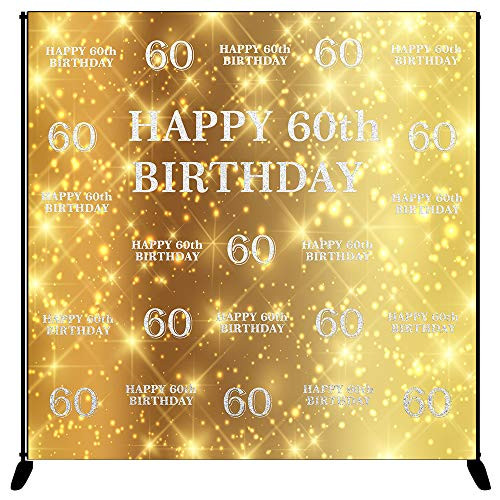 Mehofoto Happy 60th Birthday Backdrop Gold Silver Step and Repeat Birthday Photography Background 8x8ft Vinyl 60th Birthday Party Banner, Party Decoration Supplies