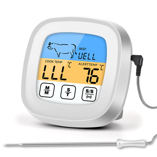 Meat Thermometer Digital for Food Cooking BBQ Oven Grill, Instant Read Electric Touchscreen LCD Large Display with Backlight, Long Probe, Kitchen Timer