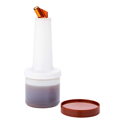 Restaurantware 0.5 qt Plastic Quick Pour Storage Container Bottle - with Brown Spout & Lid - Bar Storage Bottle - 3 1/2" x 3 1/2" x 10 1/4" - 1ct Box - Bar Lux