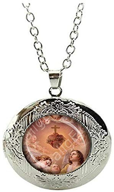 Jesus Sacred Heart and Angels Medal Catholic Locket Necklace Religious Jewelry Jesus Sacred Heart and Angels Medal Catholic Locket Necklace Religious Jewelry