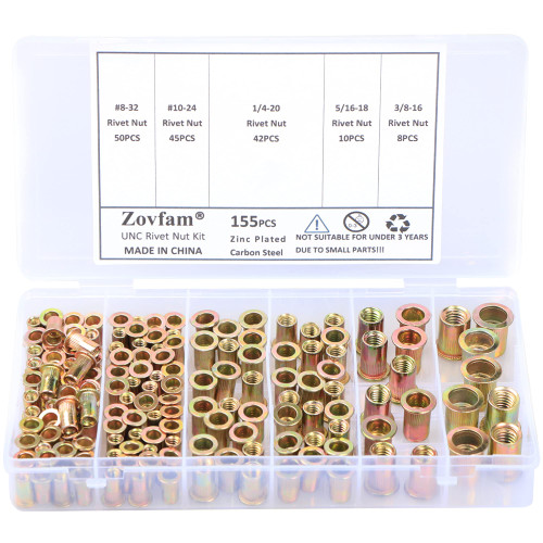 Rivet Nut Kit SAE Rivet Nuts Assortment 8-32 10-24 1/4"-20 5/16"-18 3/8"-16 Carbon Stee Rivnuts Nutserts Kit Zinc Plated Finish Flat Head Threaded Insert Nut Kit - 155Pcs