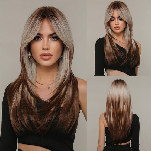 MAGQOO Brown Blonde Ombre Wig for Women Long Brown Blonde Wig Brown Blonde Ombre Layered Wig with Bangs Dark Roots Synthetic Heat Resistant Daily Party Use MAGQOO Brown Blonde Ombre Wig for Women Long Brown Blonde Wig Brown Blonde Ombre Layered Wig with Bangs Dark Roots Synthetic Heat Resistant Daily Party Use