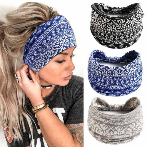 CAKURE Boho Wide Headbands Knotted Head Bands Turban African Head Wraps Yoga Hairbands Hair Scarf Elastic Hair Accessories for Women and Girls Pack of 3 (Set-6a)