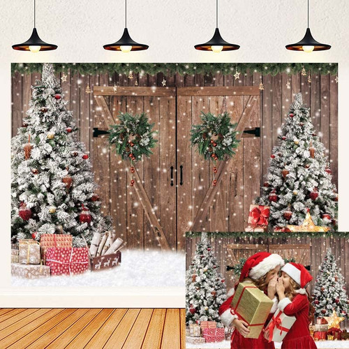 Christmas Barn Door Backdrop for Photography 7x5FT Winter Snow Xmas Tree Rustic Wood Background Banner Family Holiday Party Supplies Photo Studio Props Pictures (84x60 inch)