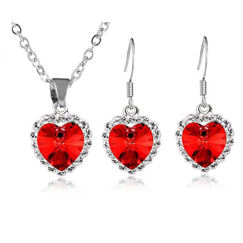 Txibikn Fashion 3 Pieces Women Love Heart Crystal Zircon Necklace Earrings Set Jewelry Pendant for Teens Girl Wedding Party Meet Jewellery Gift (Red)