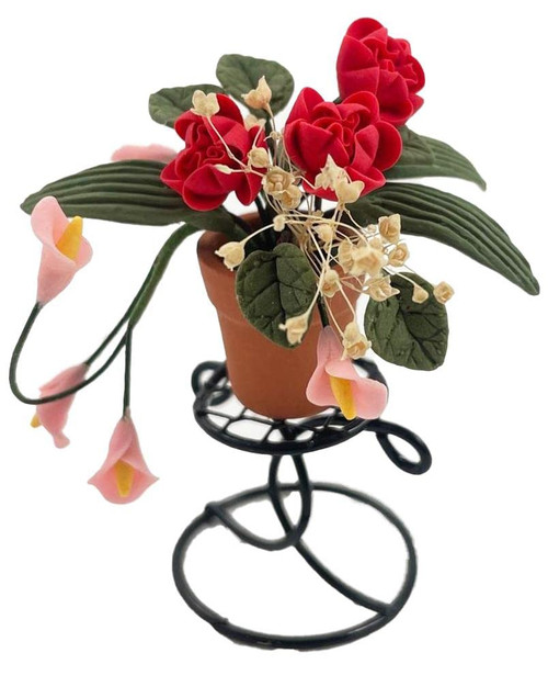 Melody Jane Dolls Houses Dollhouse Red Flowers in Terracotta Pot on Plant Stand Garden Accessory