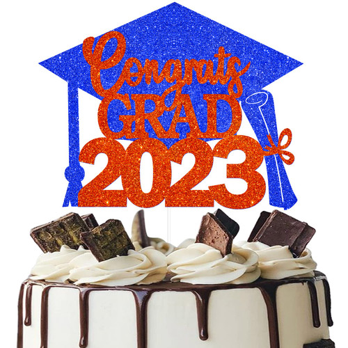 Congrats Grad 2023 Graduation Cake Topper - Happy Graduation Congrats Class Of 2023 Blue Orange Glitter Graduation Cake Topper - Cheers To Graduate I Graduated 2023 Grad Party Decoration