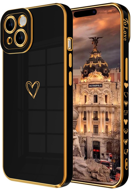 ROUTDOM Compatible with iPhone 14 Case for Women Girls Aesthetic Cute Cool Luxury Trendy Gold Heart Design,Slim Thin Silicone Shockproof Protective Phone Cover for iPhone 14 6.1 inch?Black?