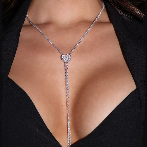 Xerling Dainty Rhinestones Tennis Necklaces Charm Heart Pendant Necklaces for Women Wedding Statement Y-Necklaces Bling Chains Tassel Crystal Choker (Silver)