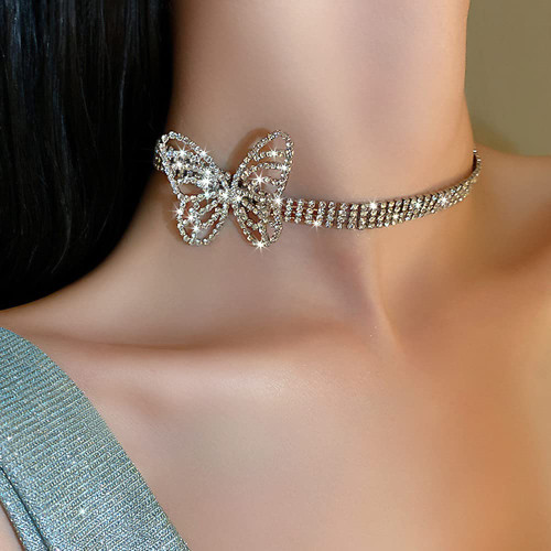 Xerling Butterfly Necklace Crystal Choker Sparkly Rhinestone Chain Multilayer Necklace Iced Tennis Chain Silver for Women and Girls