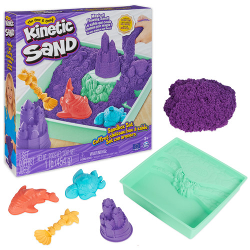Kinetic Sand Sandbox Set, 1lb Purple Play Sand, Sandbox Storage, 4 Molds and Tools, Sensory Toys, for Kids Ages 3+