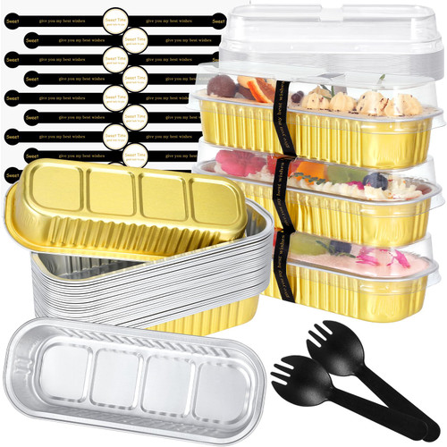 JuneHeart Mini Loaf Pans with Lids And Spoons (30 Pack, Gold, 6.8oz) Rectangle Aluminum Foil Mini Loaf Baking Pans - Disposable Baking Containers Muffin Baking Tins Mini Cake Pans