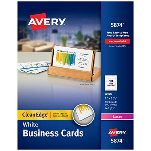 Avery Printable Business Cards, Laser Printers, 1,000 Cards, 2 x 3.5, Clean Edge (5874)