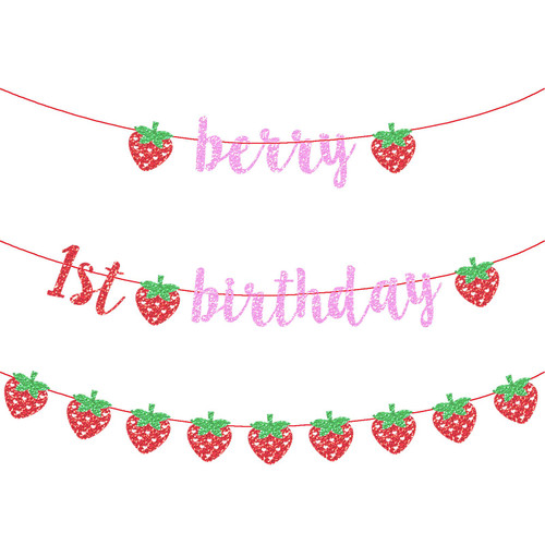 Vetwo Strawberry 1st Birthday Decorations Red Glitter Berry First Birthday Party Banner for One is Berry Sweet/Sweet One/Summer Fruit Themed Girls 1st Birthday Baby Shower Party Supplies Decorations