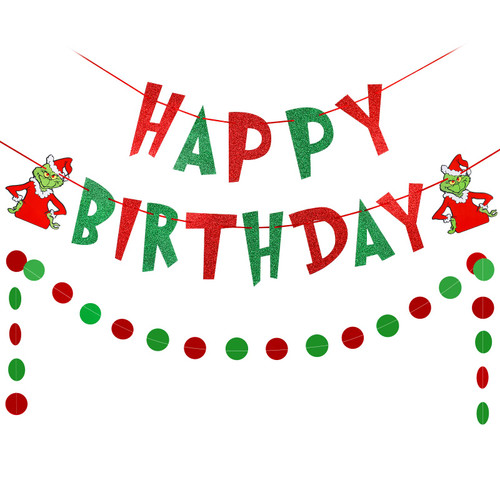 Red and Green Glitter Grinch Happy Birthday Banner Grinch Birthday Banner Happy Birthday Grinch Banner for Grinch Christmas Birthday Party Decorations, Xmas Birthday Party Supplies