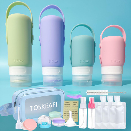 TOSKEAFI Silicone Travel Size Bottles for Toiletries Leak Proof with Toiletry Bag, 20 Pcs 2oz 3oz TSA Approved Refillable Squeeze Containers for Shampoo Conditioner Lotion Travel Accessories Kit