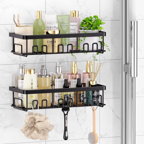 UEJZHDQ Corner Shower Caddy, Strong adhesive Shower Organizer Shelf with 8 Hooks Stainless Steel Waterproof Rustproof No Drilling Wall-Mounted Shower Shelves for Bathroom (Bright Black)