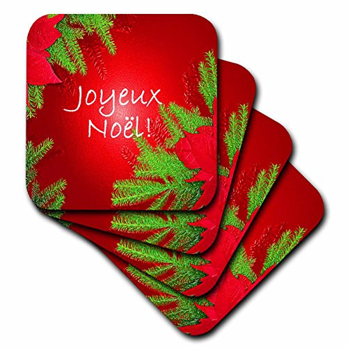 3dRose cst_8686_4 Christmas Poinsettia Joyeux Noel in Red-Ceramic Tile Coasters, Set of 8