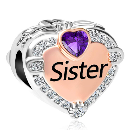 CharmSStory Rose Gold Sister Charms Heart Love Beads for Snake Chain Bracelets (February Birthday) CharmSStory Rose Gold Sister Charms Heart Love Beads for Snake Chain Bracelets (February Birthday)