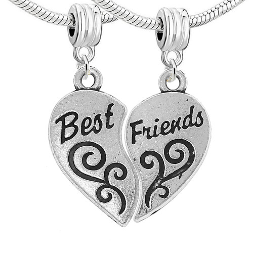 Sexy Sparkles Two Piece (2) Heart Best Friends Dangle Charm Bead for Snake Chain Charm Bracelets