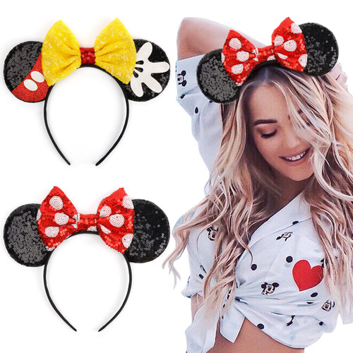 WOVOWOVO Mouse Ear Bow Headbands, Glitter Halloween Hairbands for Women Girls Princess Decoration Christmas Party Cosplay Costume, 2 Pcs
