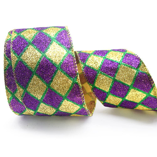 Hying Mardi Gras Ribbons for Wreath Bows Wrapping Gifts, Plaid Glitter Green Purple Ribbons for Mardi Gras Carnival Decoration DIY Crafts, 2.5" X 10 Yards Mardi Gras Wired Edge Yellow Glitter Ribbon