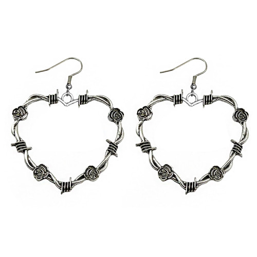Gothic Barbed Wire Thorn Heart Earrings Punk Style Large Heart Rose Thorn Earrings Silver Gold Metal Mesh Dangle Drop Earrings Halloween Jewelry for Women Men (Rose Heart)