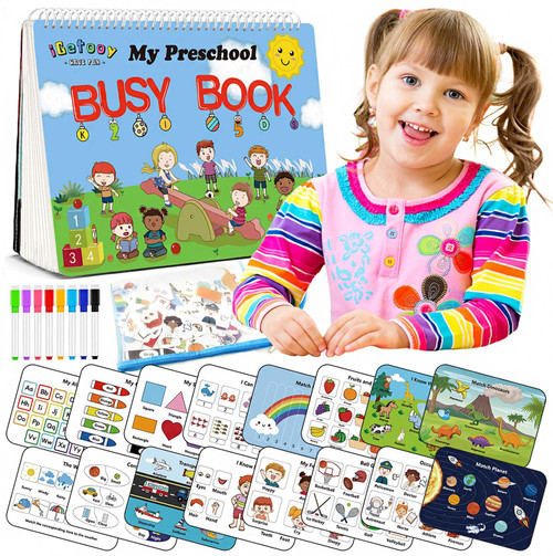 iGetooy Busy Book with 8 Erasable Color Pens, Montessori Preschool Toys for Toddlers, Autism Sensory Educational Toys for Kids, Preschool Activity Binder and Early Learning Toys Book for Toddlers