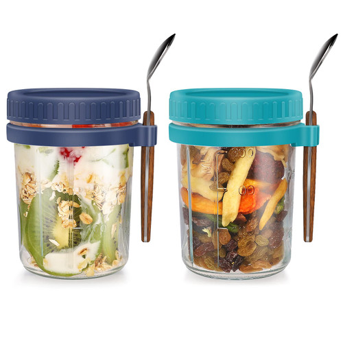 Xigugo Overnight Oats Jars, Overnight Oats Container with Lid and Spoon, 16 oz Cereal, Milk, Vegetable and fruit Salad Storage Container with Measurement Marks (green and blue)