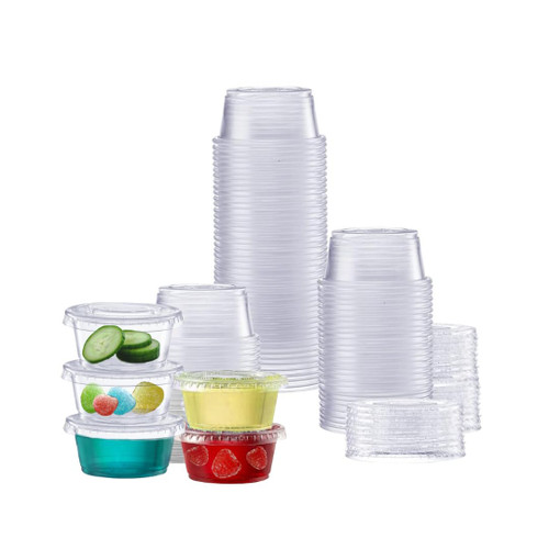 Packer Mate [150 Sets - 2 oz] Portion Cups With Lids, Jello Shot Cups With Lids, Small Plastic Containers With Lids, Plastic Sauce Cups With Lids, Disposable Condiment Cups With Lids, Souffle Cups