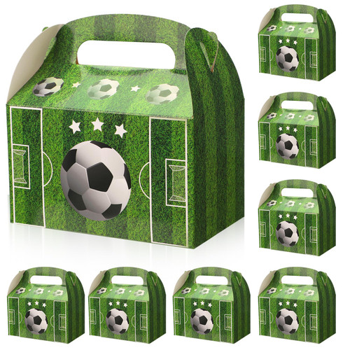 PEUTIER 12pcs Soccer Party Treat Boxes, Football Gift Box Soccer Goodie Candy Bags with Handles for Themed Party Kids Sports Birthday Baby Shower Party Favors Decoration Supplies