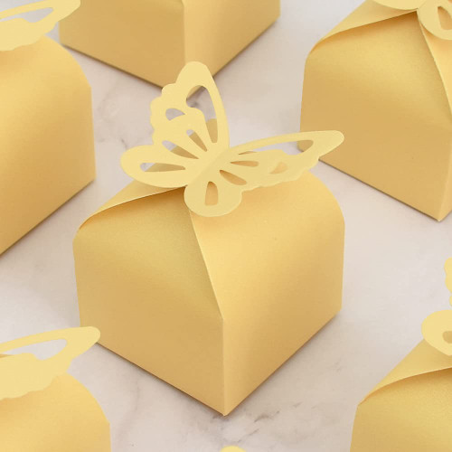 BEISHIDA 50pcs Yellow Butterfly Decorations Peal-Gloss Butterfly Gift Box Small Butterfly Candy Boxes for Party Favors Baby Shower Wedding Birthday Party(2.4 x 2.4 x 2.4 Inch)