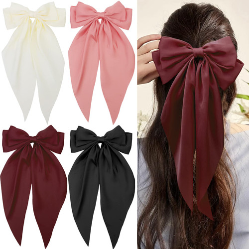 Hapdoo 4 PCS Hair Bows for Women, Large Silky Satin Hair Bow Hair Barrettes Clip Bowknot with Long Tail, Soft Hair Clips with Bow French Barrette Hairpin Accessories for Girl, 4 Colors Hapdoo 4 PCS Hair Bows for Women, Large Silky Satin Hair Bow Hair Barrettes Clip Bowknot with Long Tail, Soft Hair Clips with Bow French Barrette Hairpin Accessories for Girl, 4 Colors