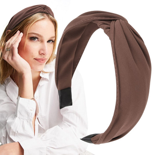 WOVOWOVO Top Knotted Headbands for Women Girls, Twist Wide Head Bands Yoga Non Slip Fashion Elastic Hairbands for Women's Hair Accessories (Brown)