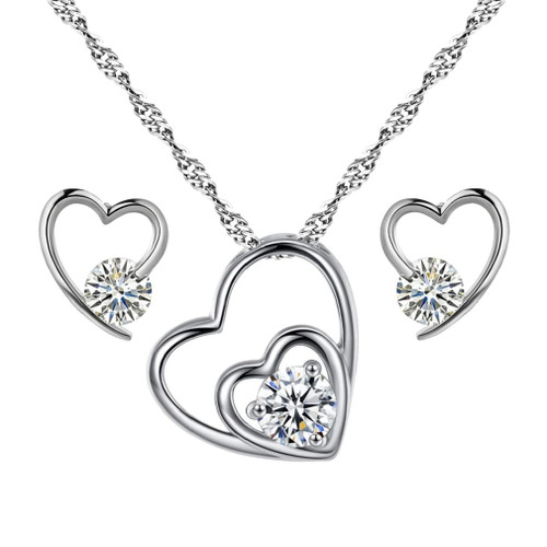 Jeolory Shiny Fashion Crystal Rhinestone Love Heart Shape Pendent Necklace Stud Earrings Jewelry Set for Women Lady Girl