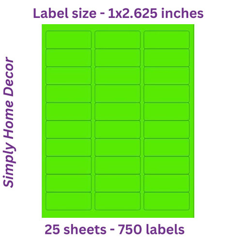 Color Address Label - 750 Fluorescent Address Labels - Multipurpose Use - Green Color Label - Label Size 1" x 2-5/8" - 30 Per Page - 750 Labels - Laser and Inkjet Printer (Green)
