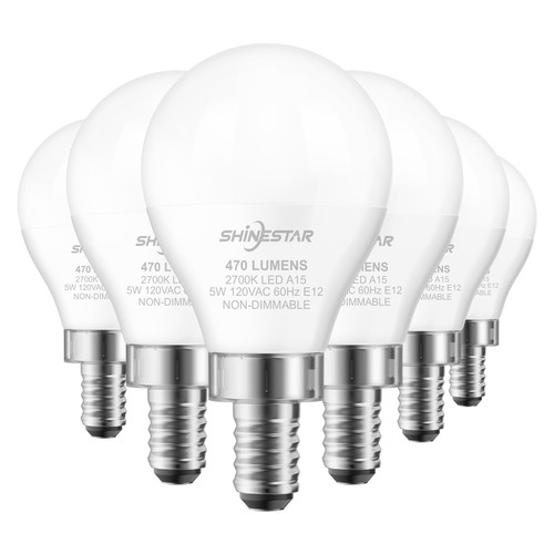 SHINESTAR 6-Pack Ceiling Fan Light Bulbs 40w Equivalent, 2700K Warm White, E12 Small Candelabra Base LED Bulb, A15 Shape Light, High CRI 80+, Non-Dimmable